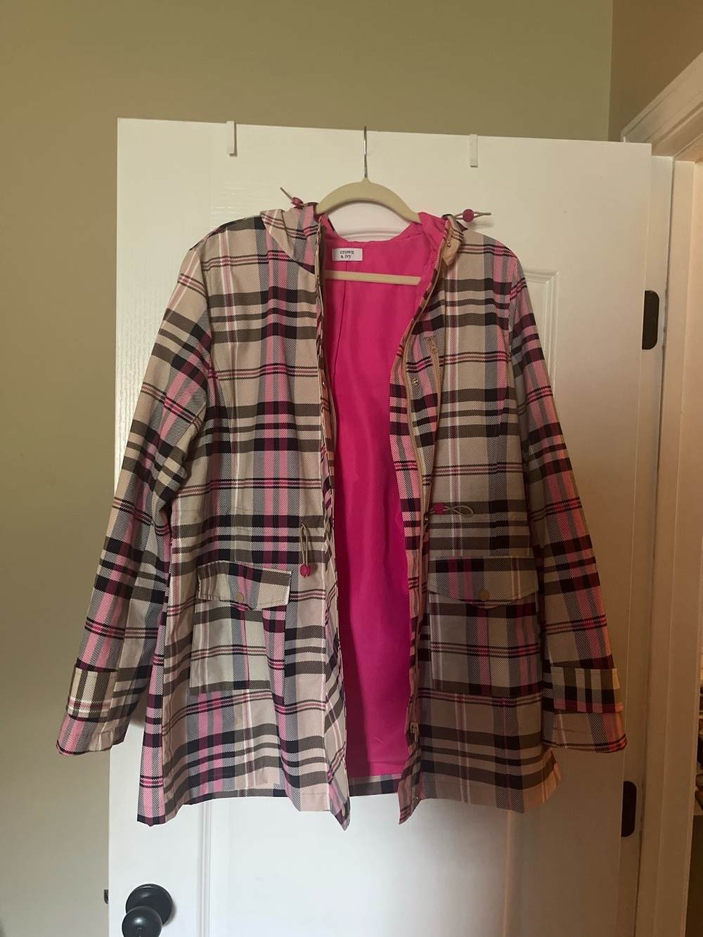 Womans Pink Plaid Hooded Rain Jacket